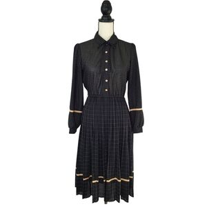Ms Sugar dress vintage black tan plaid pleated long sleeve button front Size 8